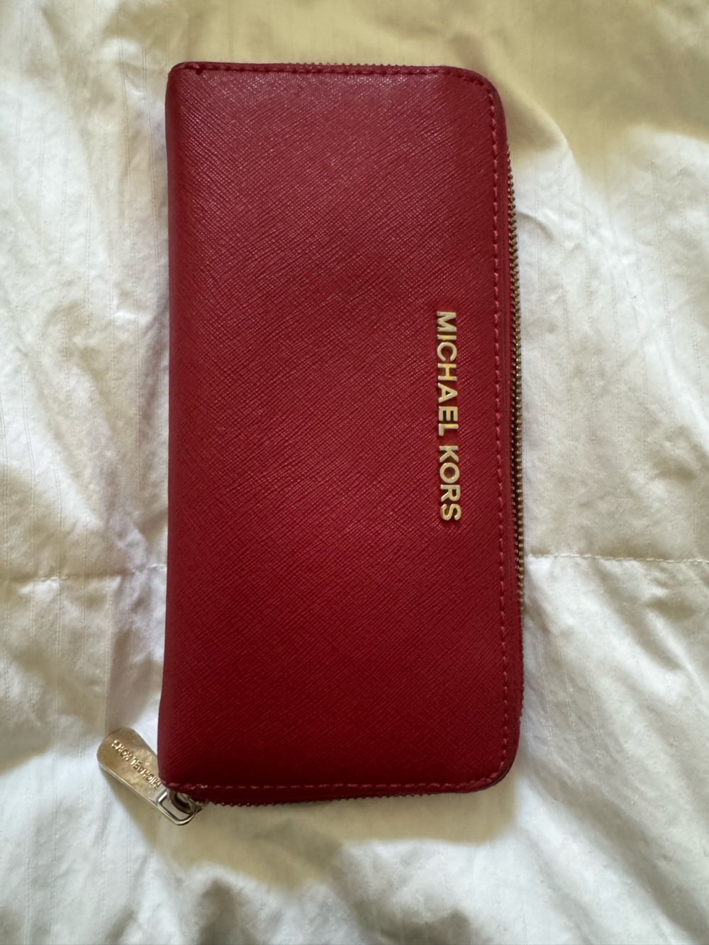 Michael Kors Red Saffiano Zip Wallet with Gold Logo
